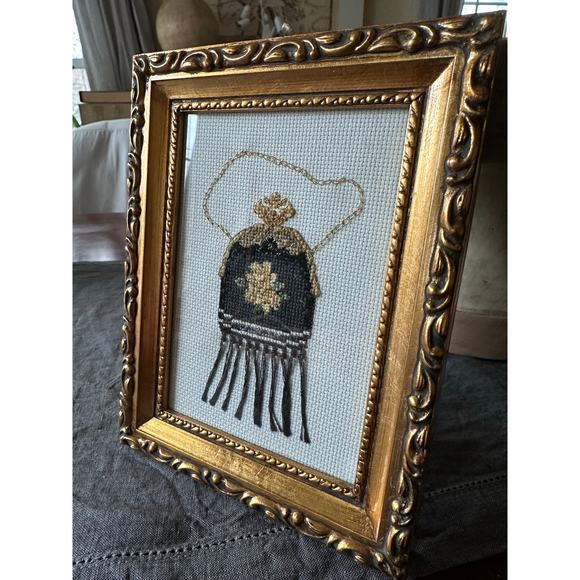 Framed needlepoint finished Counted Cross Stitch Vintage Purse Sandy Clough 6x7” - Picture 6 of 12